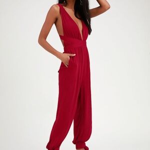 Lulus Lolinda Berry Red Halter Jumpsuit - Size XS